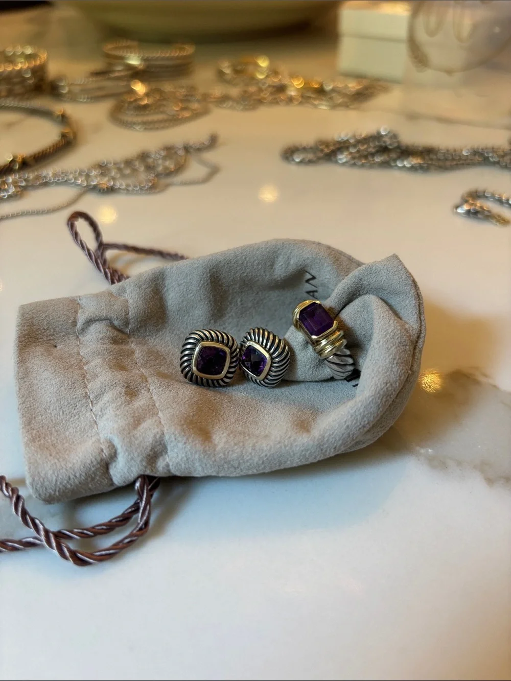 David Yurman Gold and Amethyst Cable-Style Ring